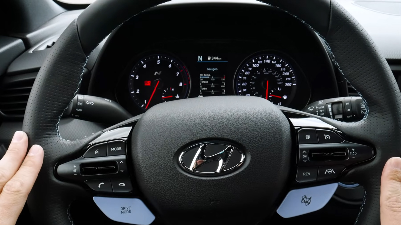 Steering wheel and cluster in the 2022 Hyundai Veloster